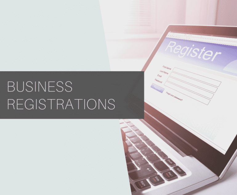 Banner "Business Registrations" - Left side of the image has a background in grey and the right side comprises a laptop.