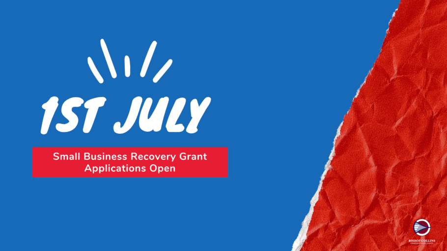 Banner " 1ST JULY Small Business Recovery Grant Applications Open". This banner has a background in blue and orange.