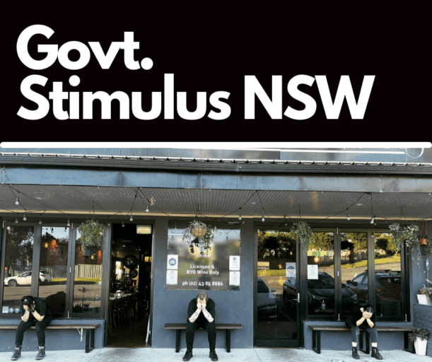 govt response to covid restrictions in nsw. 3 restaurant workers sitting out the front of their restaurant with their head in their hands in dissapointment