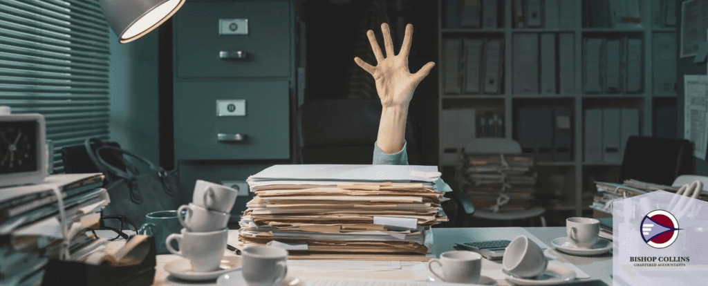 Bookkeeper’s office piled with paperwork